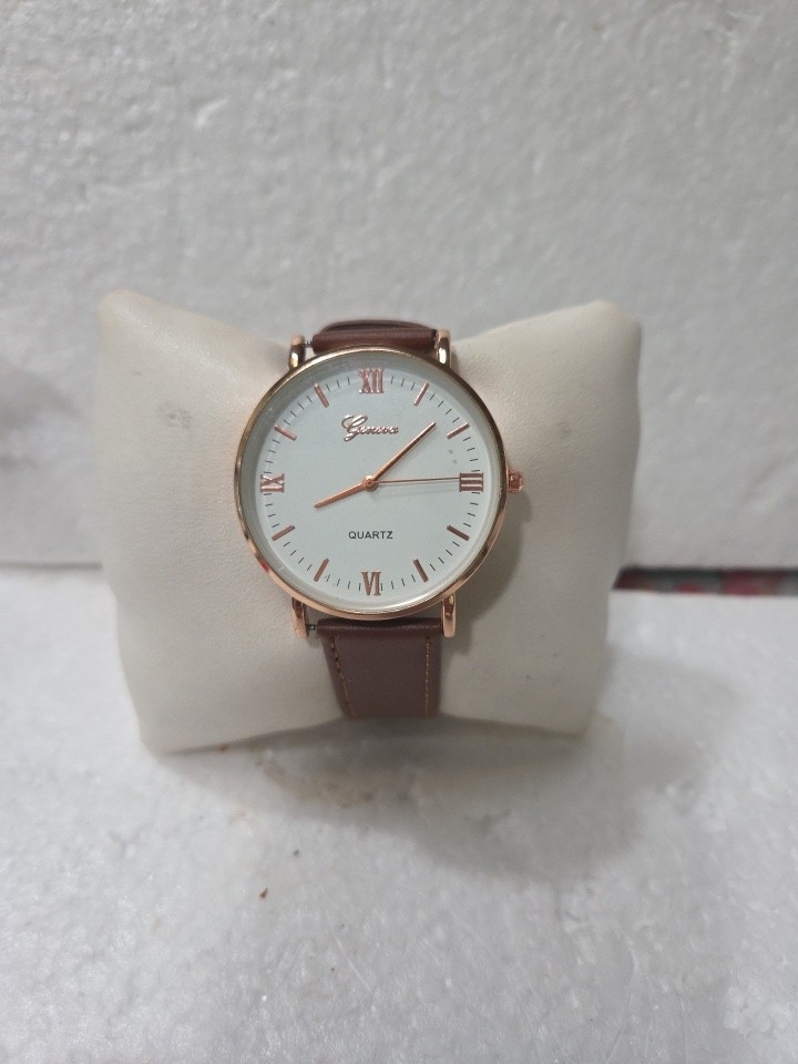 Geneva Brown Leather Strap Watch With Rose Gold Case And White Dial
